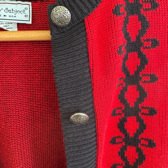 Vintage 90s cotton made in USA red/black chunky knit cardigan sweater sz small - Picture 5 of 8